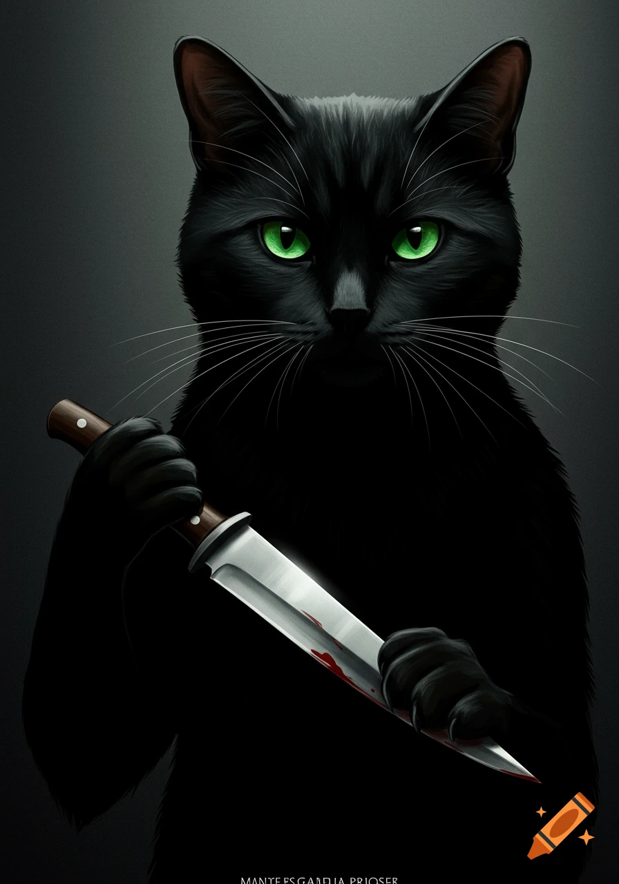 A black cat holding a bloody knife.