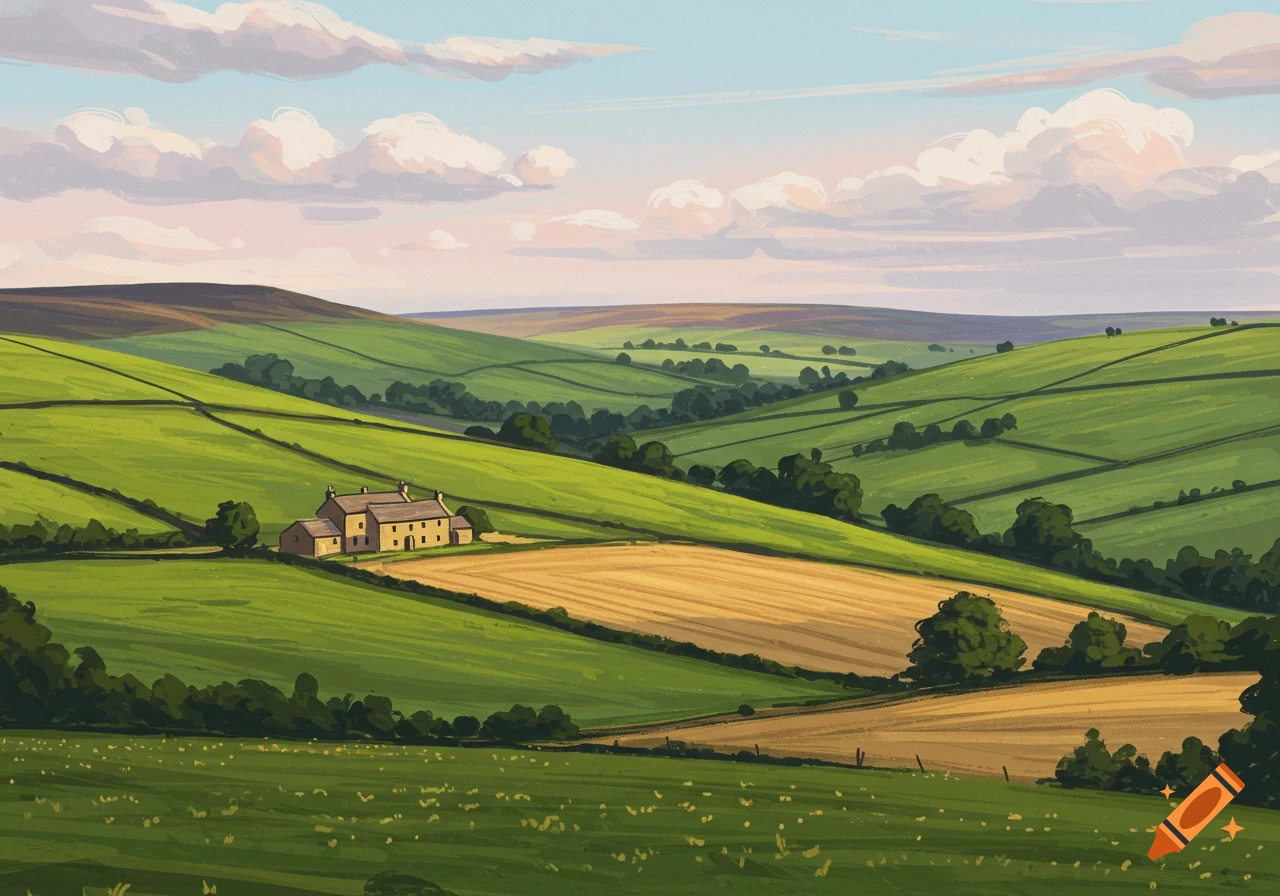 rolling green hills with a farm house in a valley under a cloudy sky.