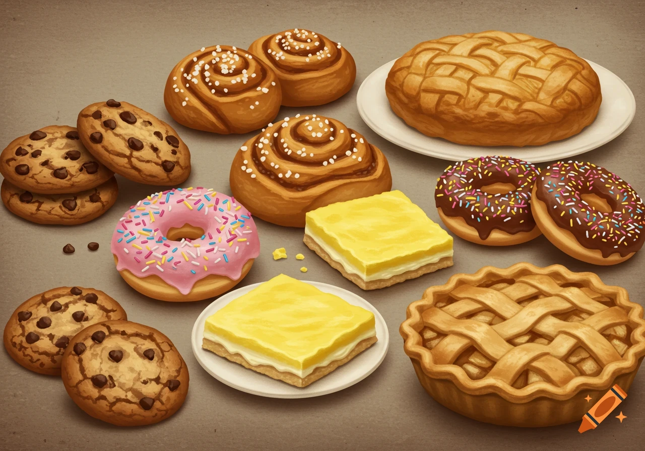 Various baked goods including cookies, cinnamon rolls, donuts, lemon bars, and pies.