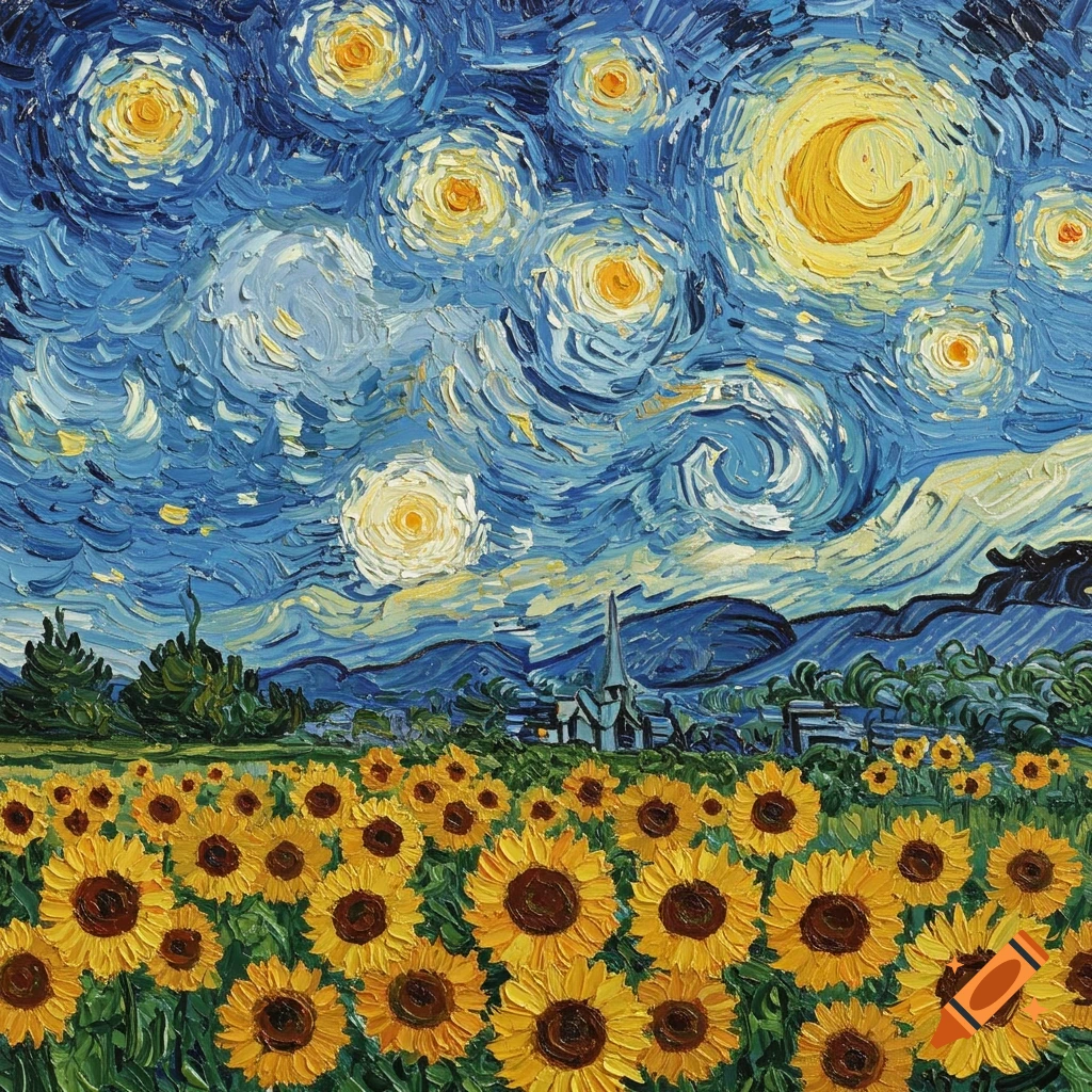 A painting in the style of Van Gogh depicting a field of sunflowers under a starry night sky.