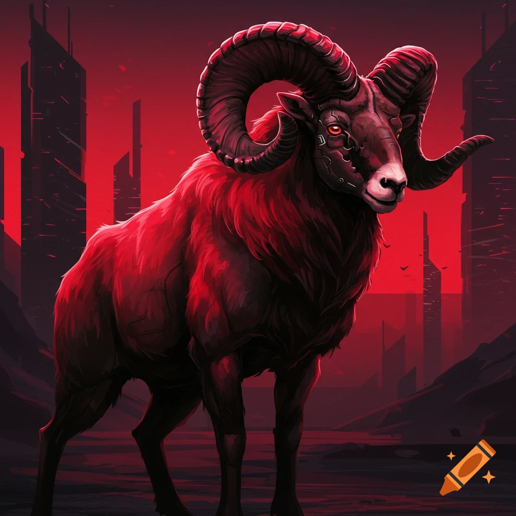 A red ram with cybernetic features stands in a futuristic city skyline.