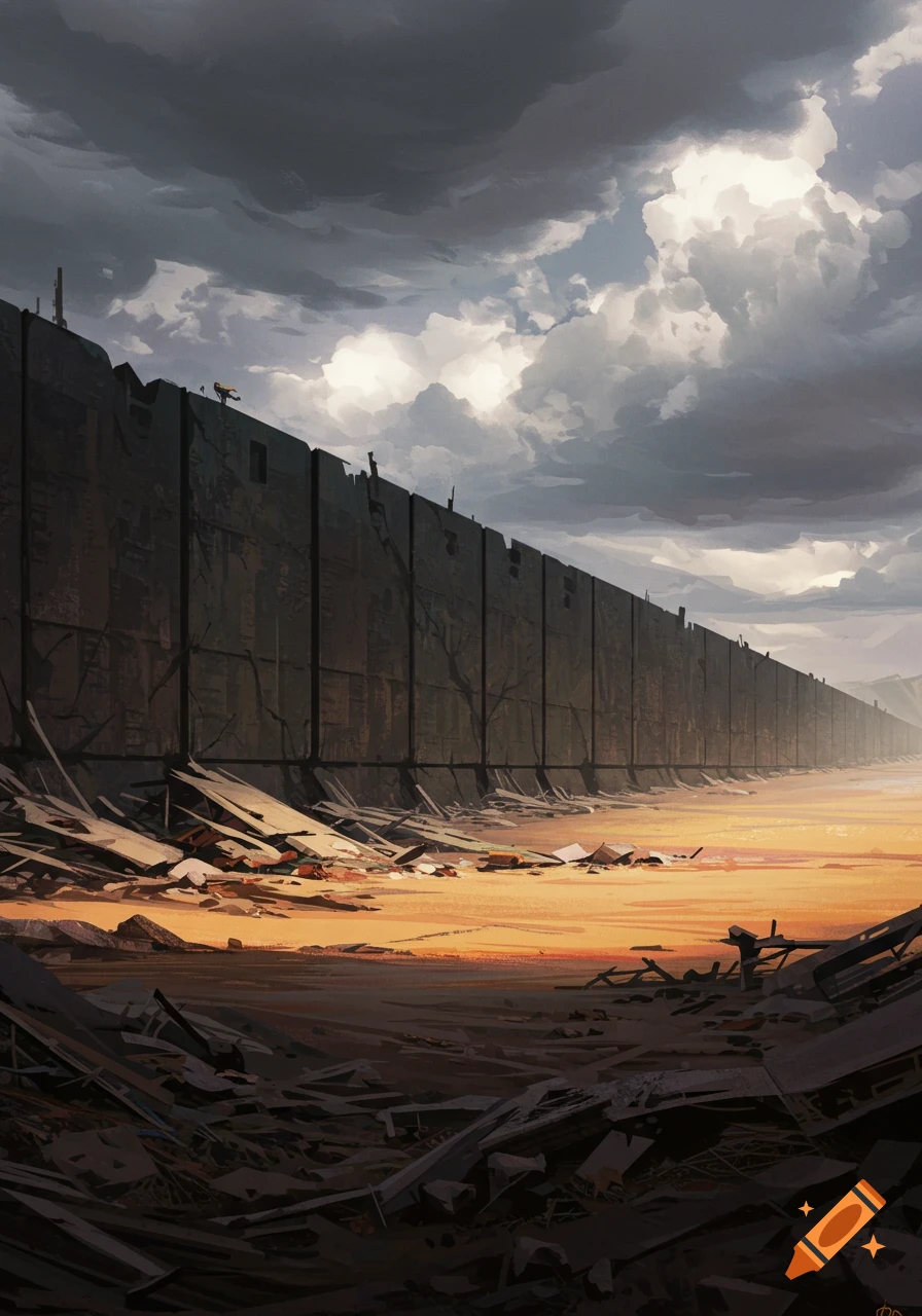 A huge wall stretches into a desolate landscape under a dark, cloudy sky with rubble in the foreground.