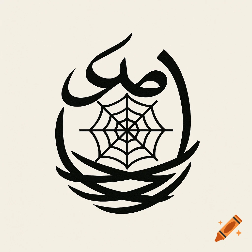 Black design with Arabic calligraphy, a spider web, and nest elements on a light background.