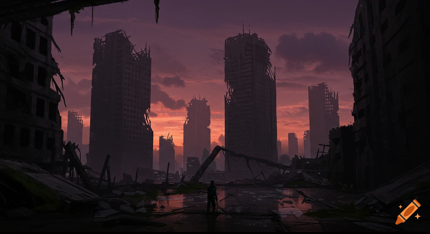 A figure stands in the dark ruins of a city at sunset.