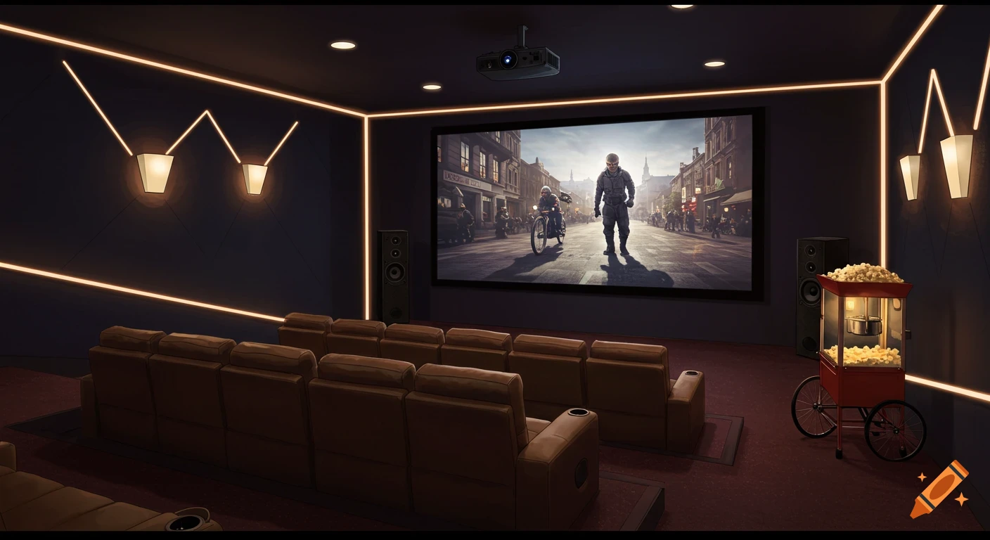 A comfortable home theater room with tiered seating, large screen showing a movie, popcorn machine, and mood lighting.