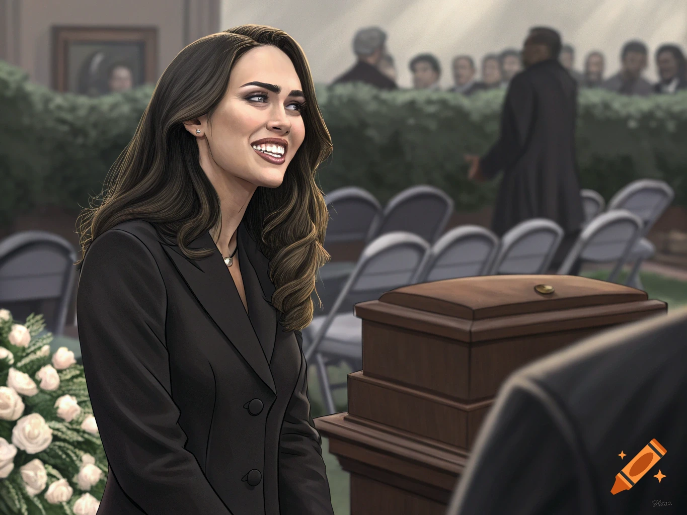 Digital illustration of a woman smiling at a funeral