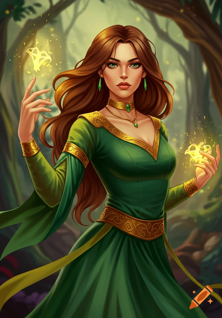A woman in a green dress holds glowing golden symbols in a forest.