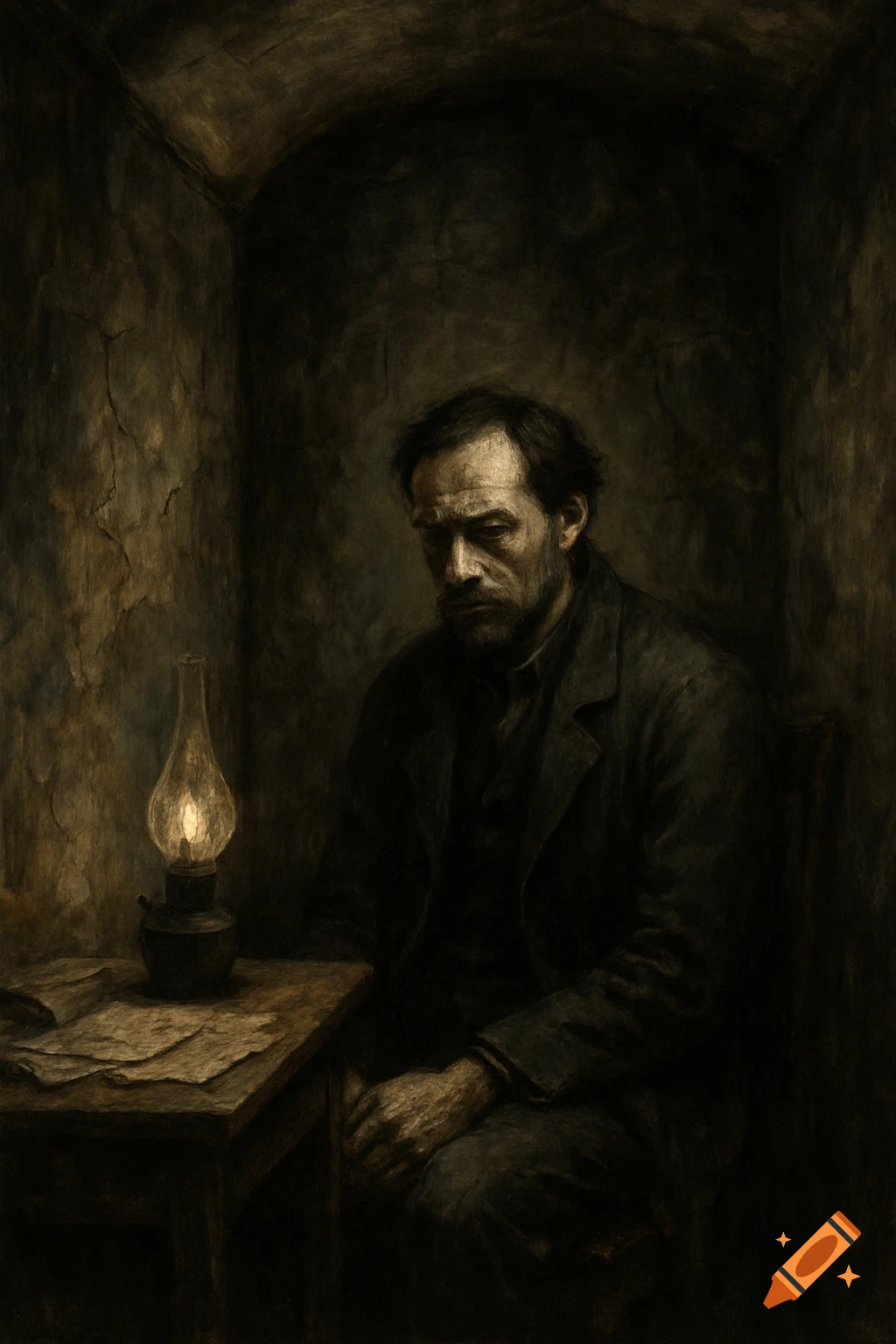 Painting of a somber man sitting at a table with a lamp and papers in a dimly lit room.