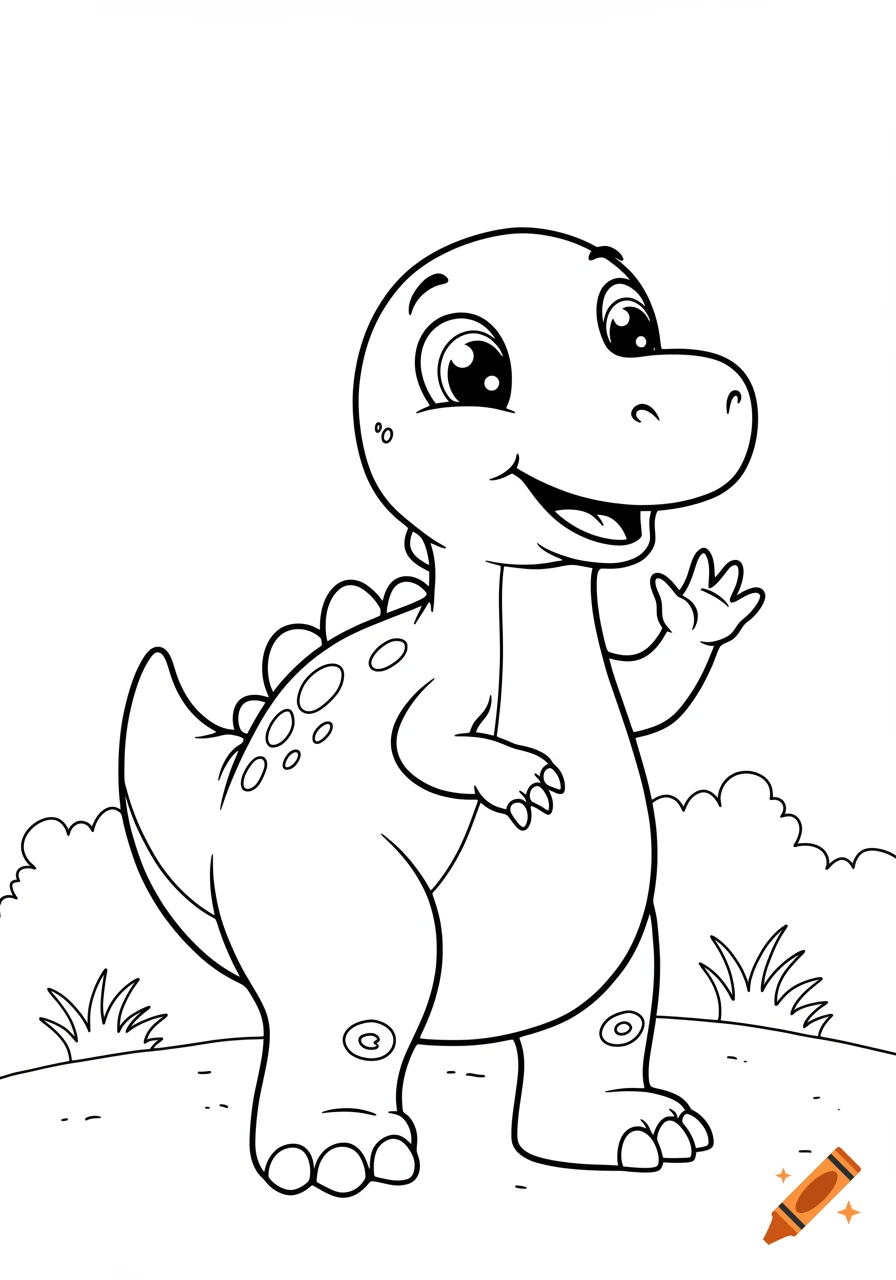 Line drawing of a cute cartoon baby dinosaur waving, suitable for coloring.