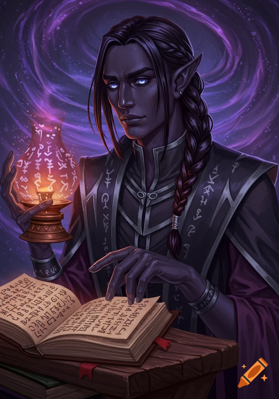 A dark-skinned male elf with glowing eyes reads a book by the light of a magical lamp.