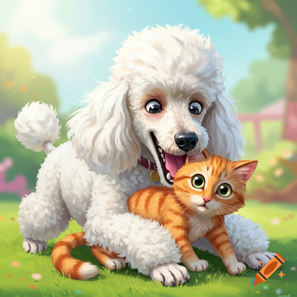A fluffy white poodle cuddling an orange kitten in a sunny park.