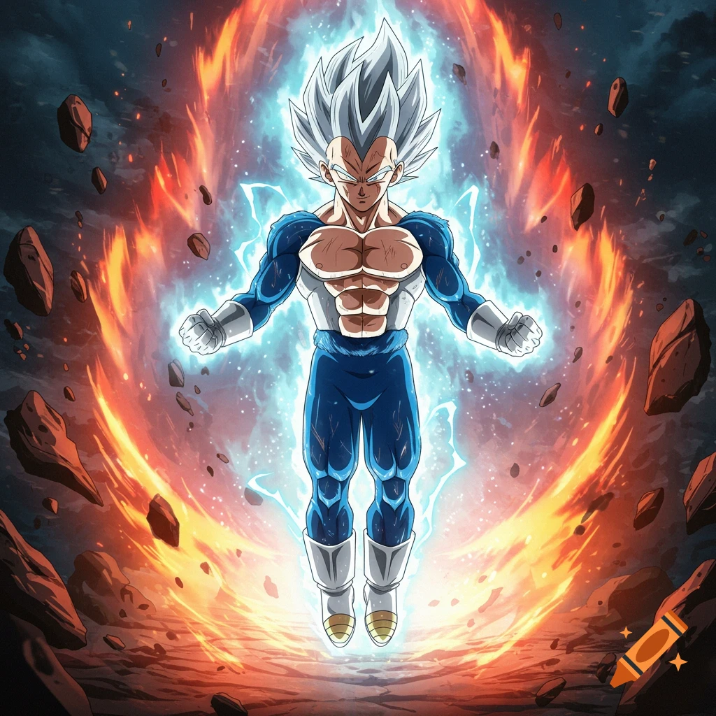 Vegeta in Ultra Instinct form powering up surrounded by blue energy and floating rocks.