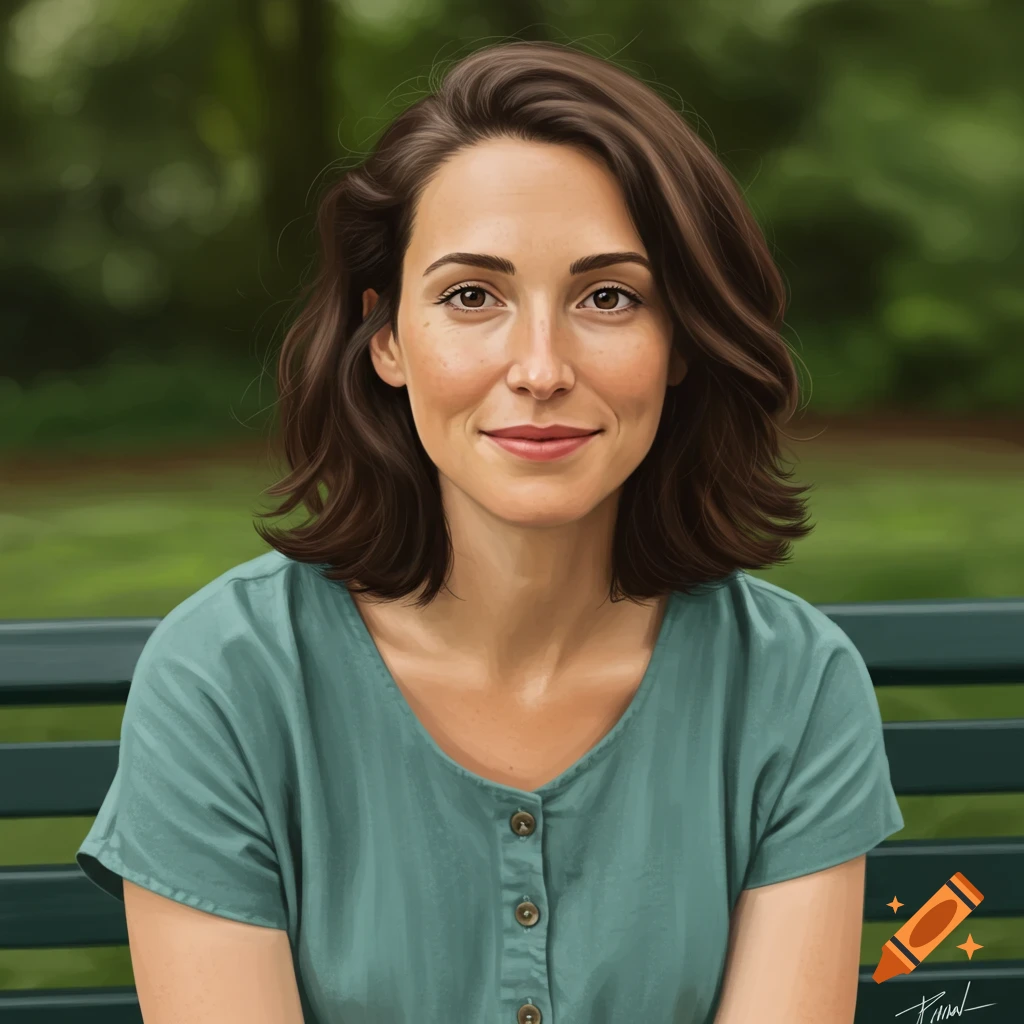 A woman with brown hair smiles while sitting on a park bench.
