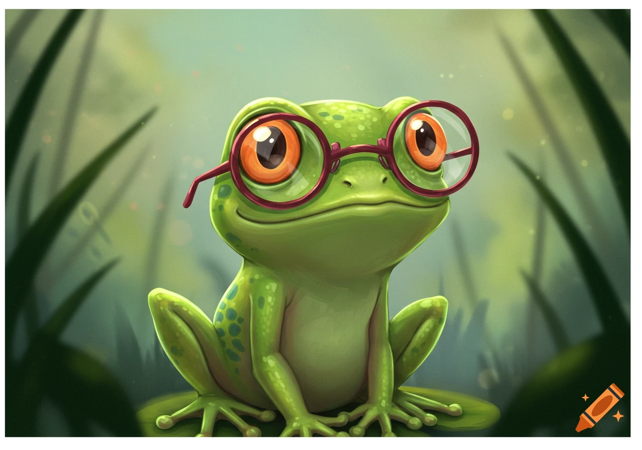 A cute green cartoon frog with orange eyes wears pink-rimmed glasses while sitting in a swamp.