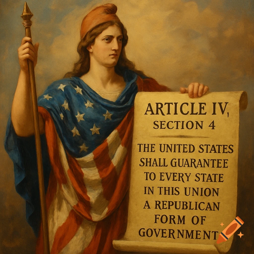 A figure draped in an American flag holds a scroll with text from the US Constitution.