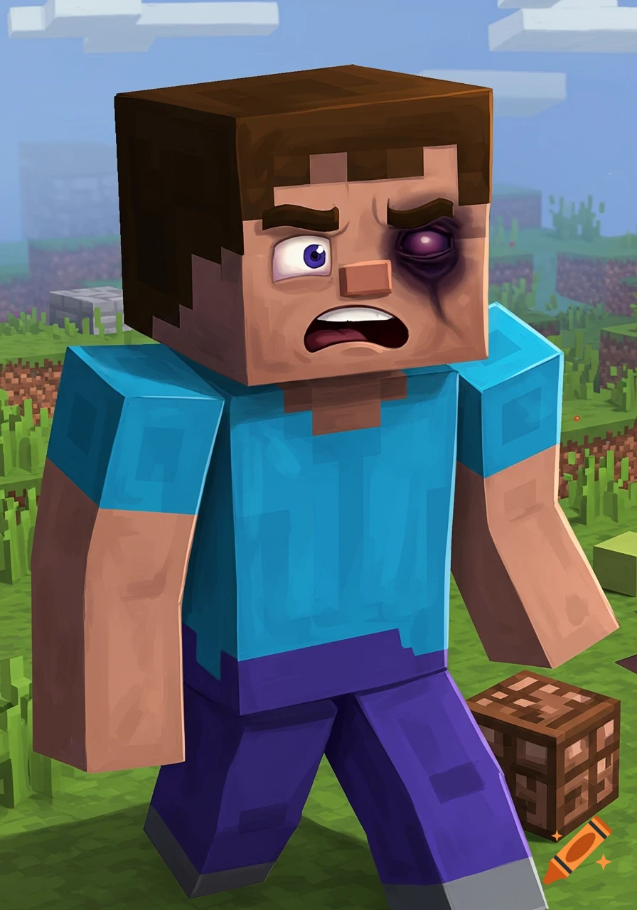 Minecraft character Steve with a black eye looks scared.