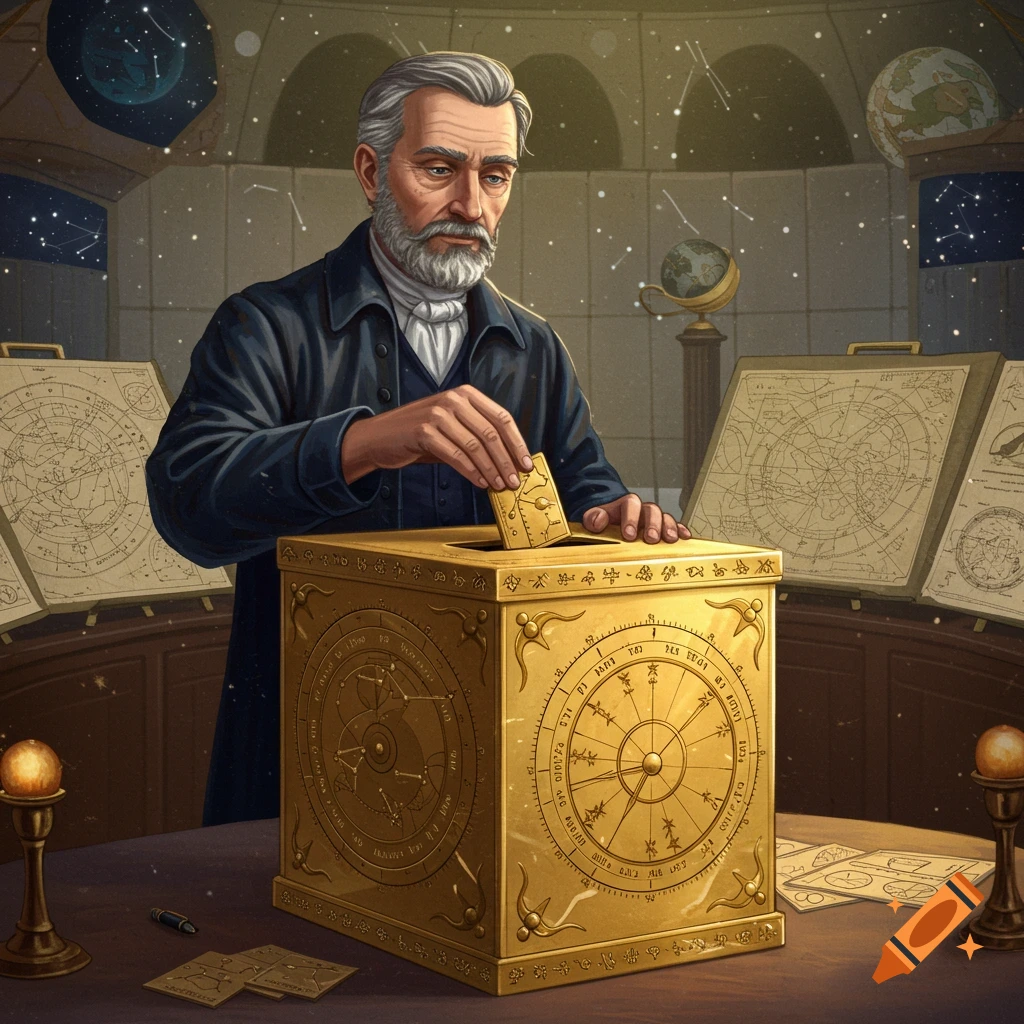 An astronomer casts a ballot into an ornate gold box in an observatory.