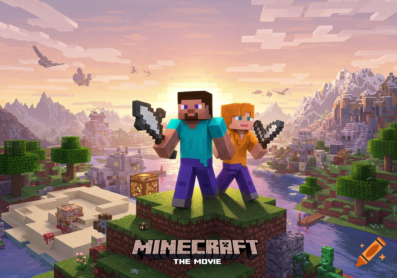 Minecraft Steve and Alex standing on a hill with swords overlooking a village landscape at sunset, with the title Minecraft The Movie.