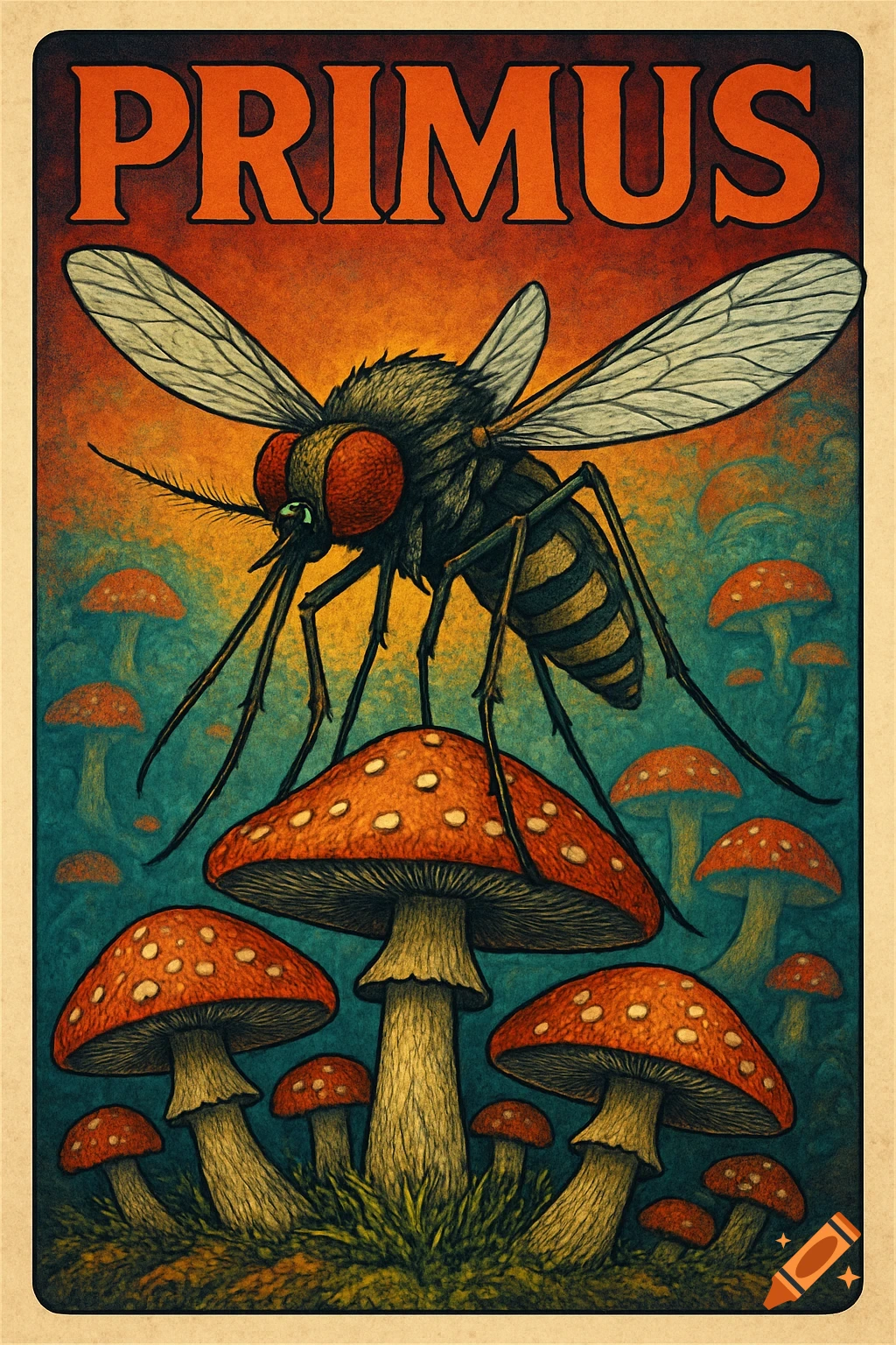 A poster for a Primus concert featuring a mosquito standing on a mushroom.