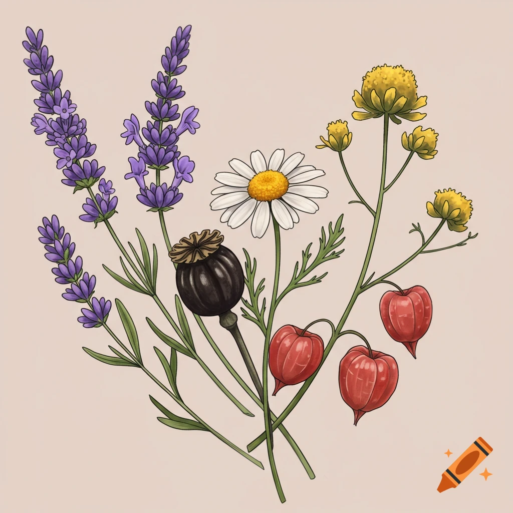 A digital illustration of lavender, chamomile, a poppy pod, and Chinese Lantern flowers.