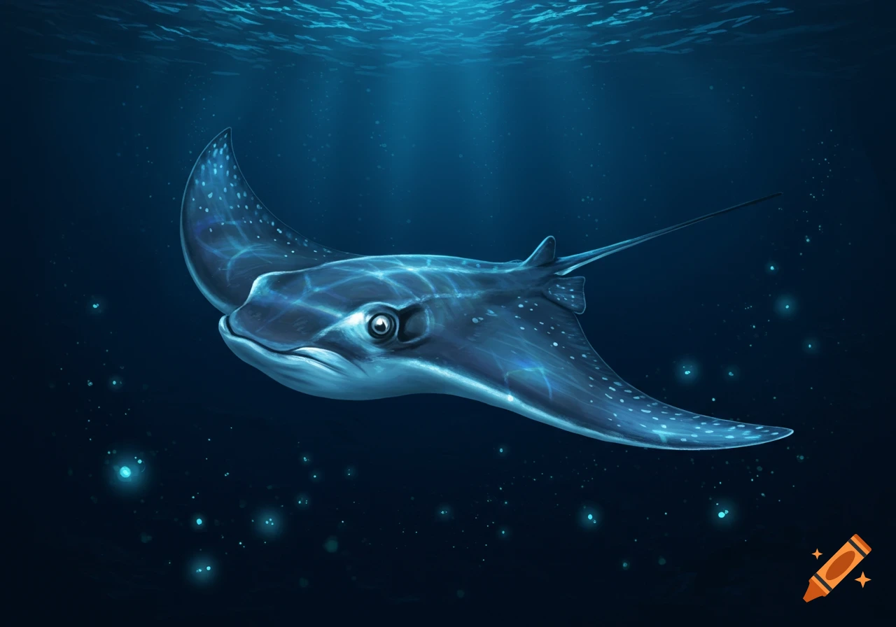 A glowing moonfin ray swims underwater in a dark blue scene.