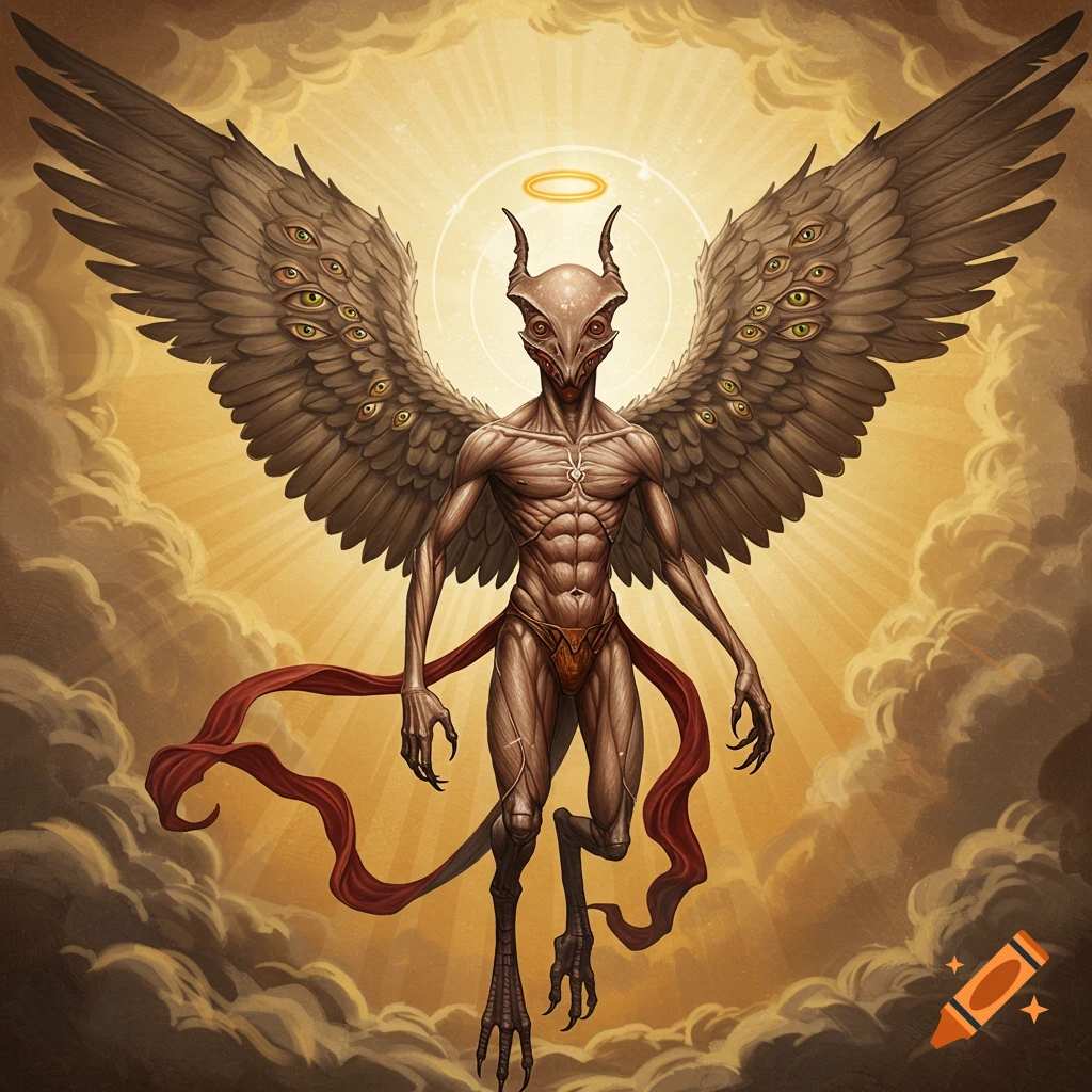 A multi-eyed winged creature with horns and a halo floats in golden light and clouds, with a red sash.