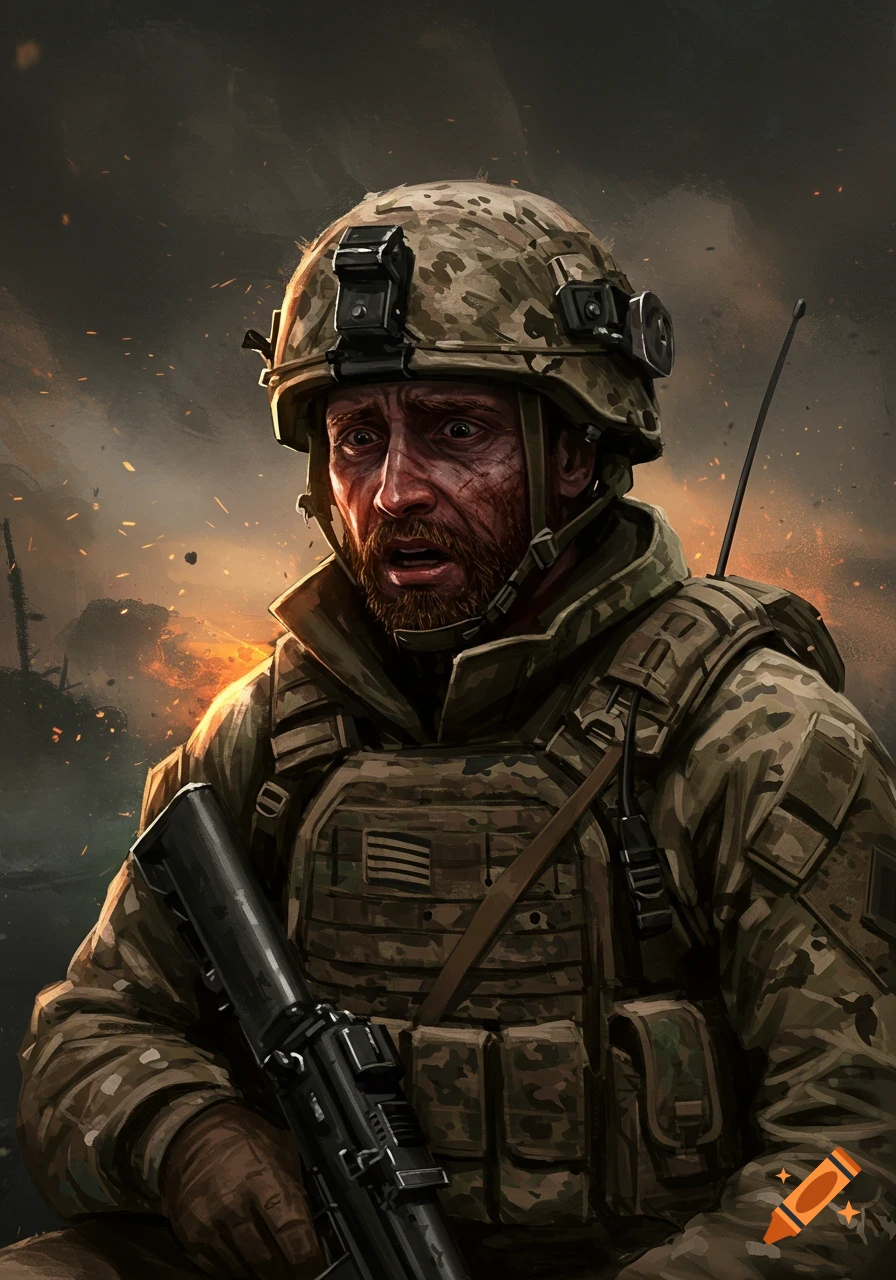 A traumatized soldier in a warzone.