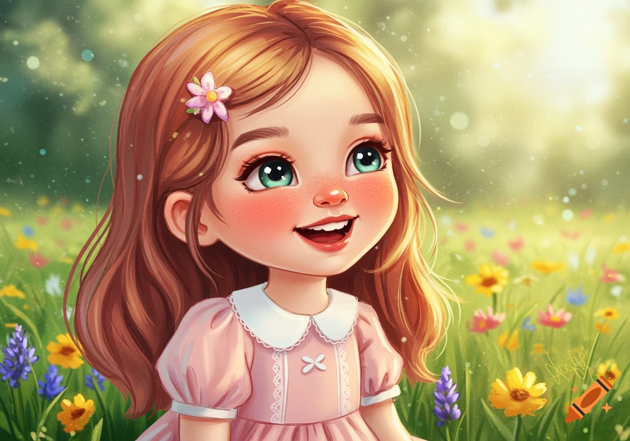 Whimsical image of a cute cartoon girl in a pink dress sitting in a meadow of wildflowers.