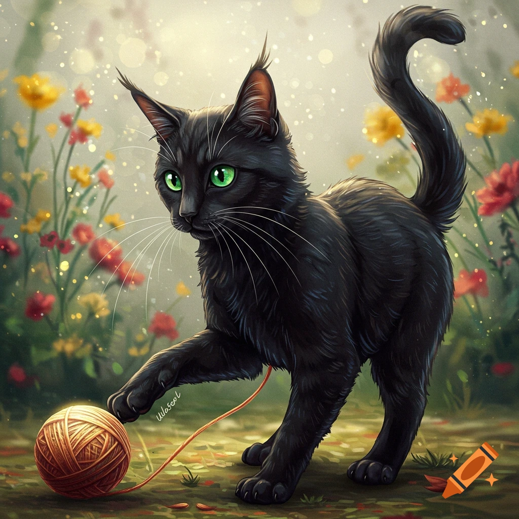 A black cat with green eyes playing with a ball of yarn in a garden.
