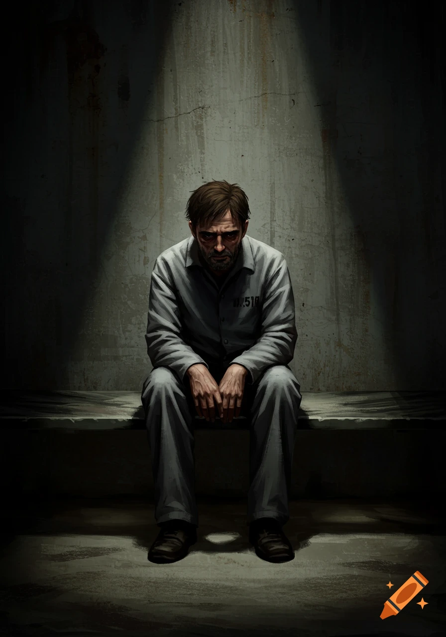 A sad man is sitting on a bench in a dimly lit jail cell.