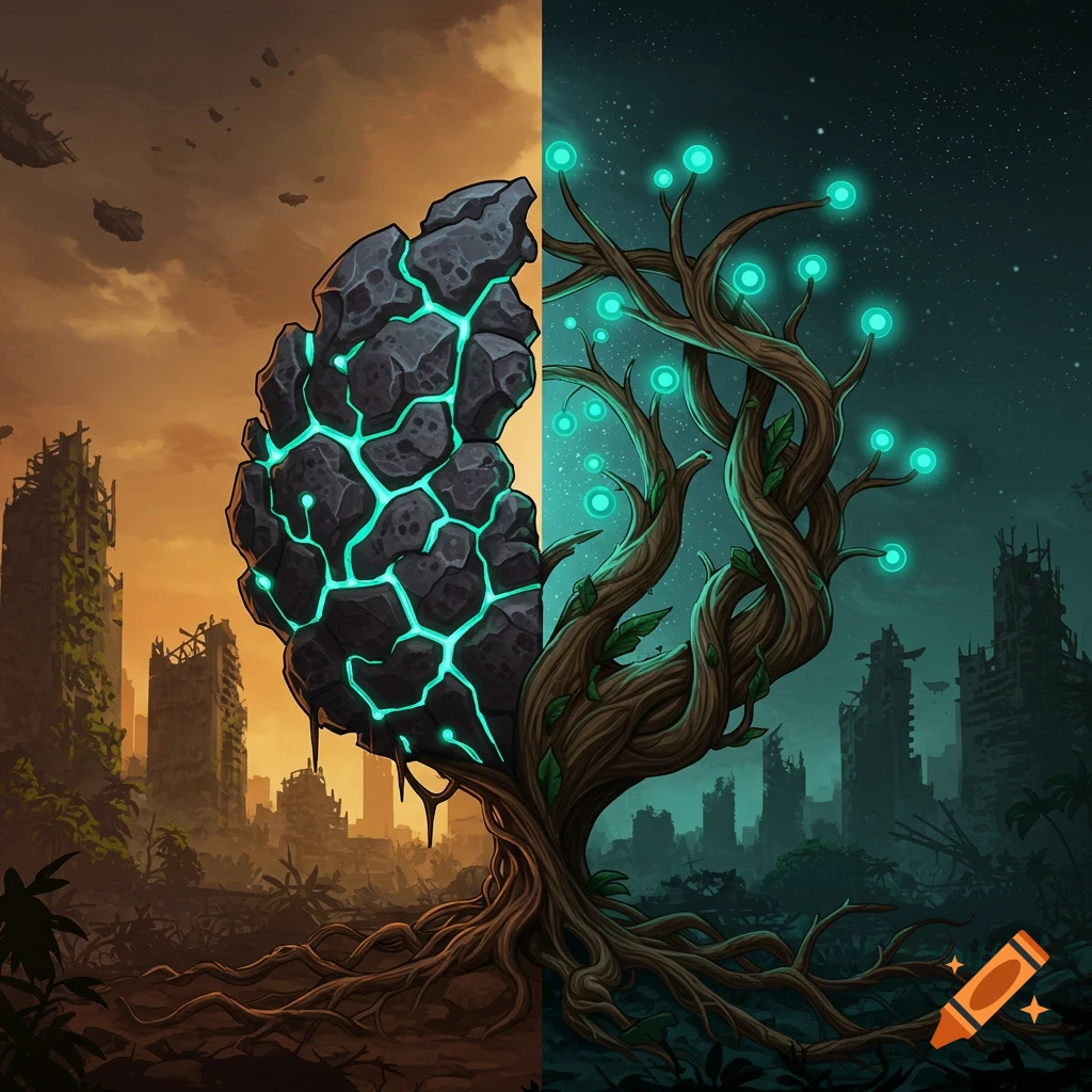 Stylized image split down the middle. Left is rock with glowing veins in a post-apocalyptic city, right is roots/vines with glowing orbs in space.