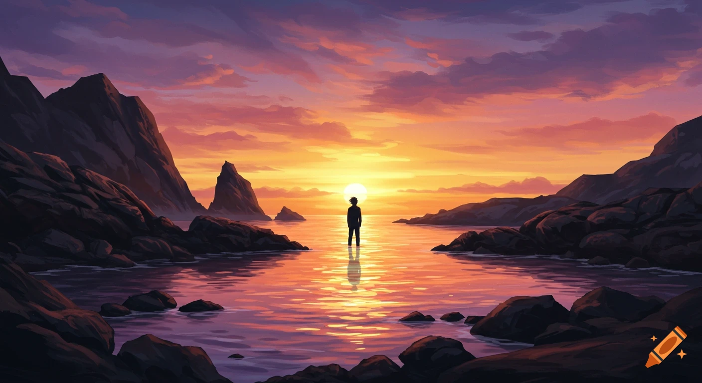 A person's silhouette at sunset on a rocky coast