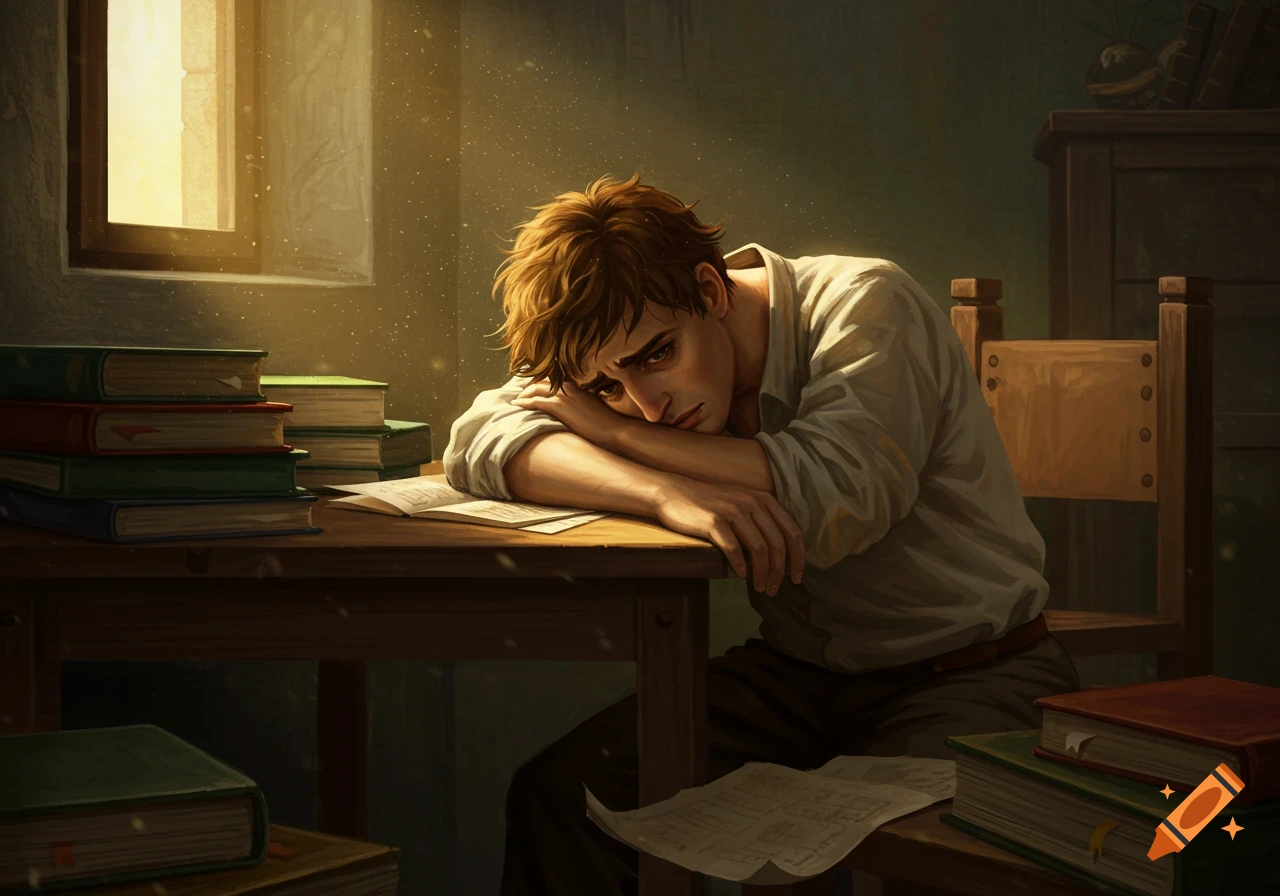 A man slumped over a desk covered in books, looking tired or sad.