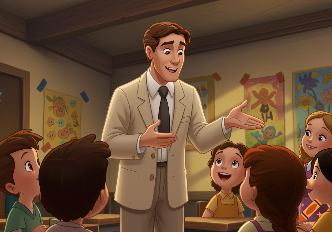 A cartoon teacher talks to children in a classroom, in a bright, warm style.