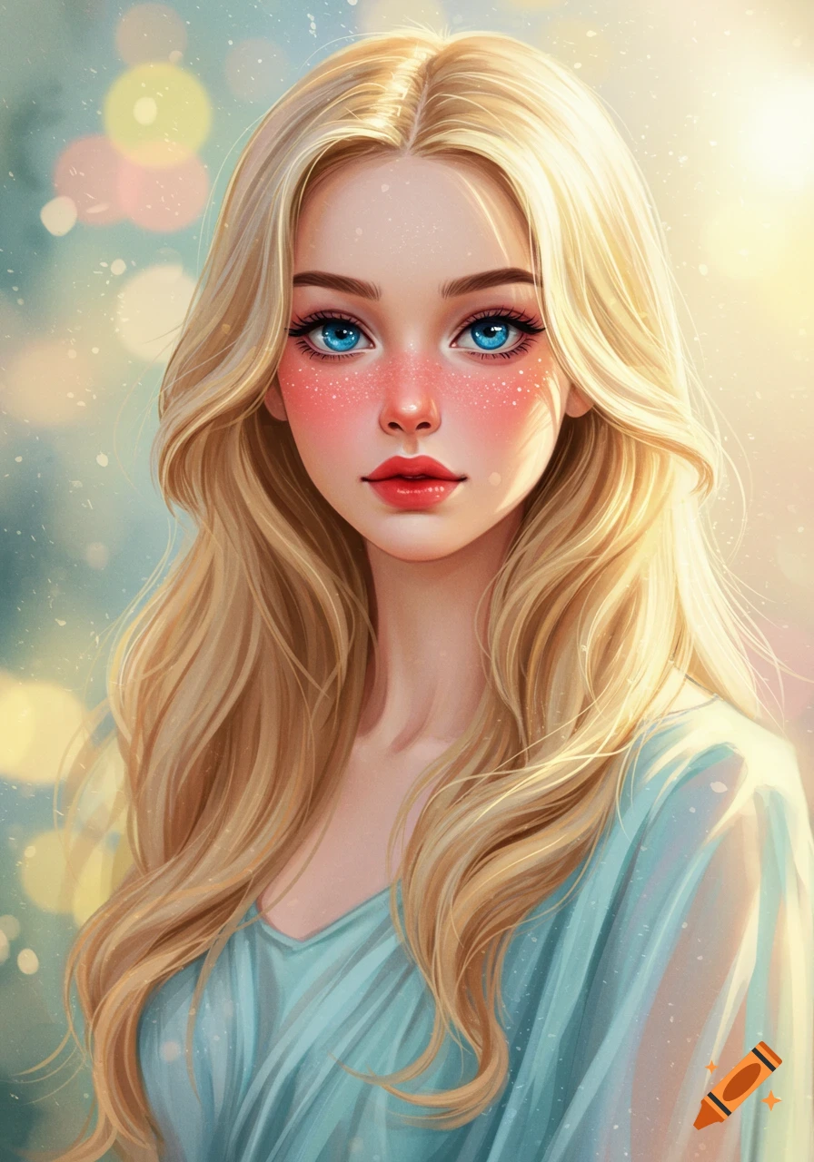 A blonde woman with bright blue eyes and rosy cheeks is illuminated by sunlight, with bokeh effects around her.