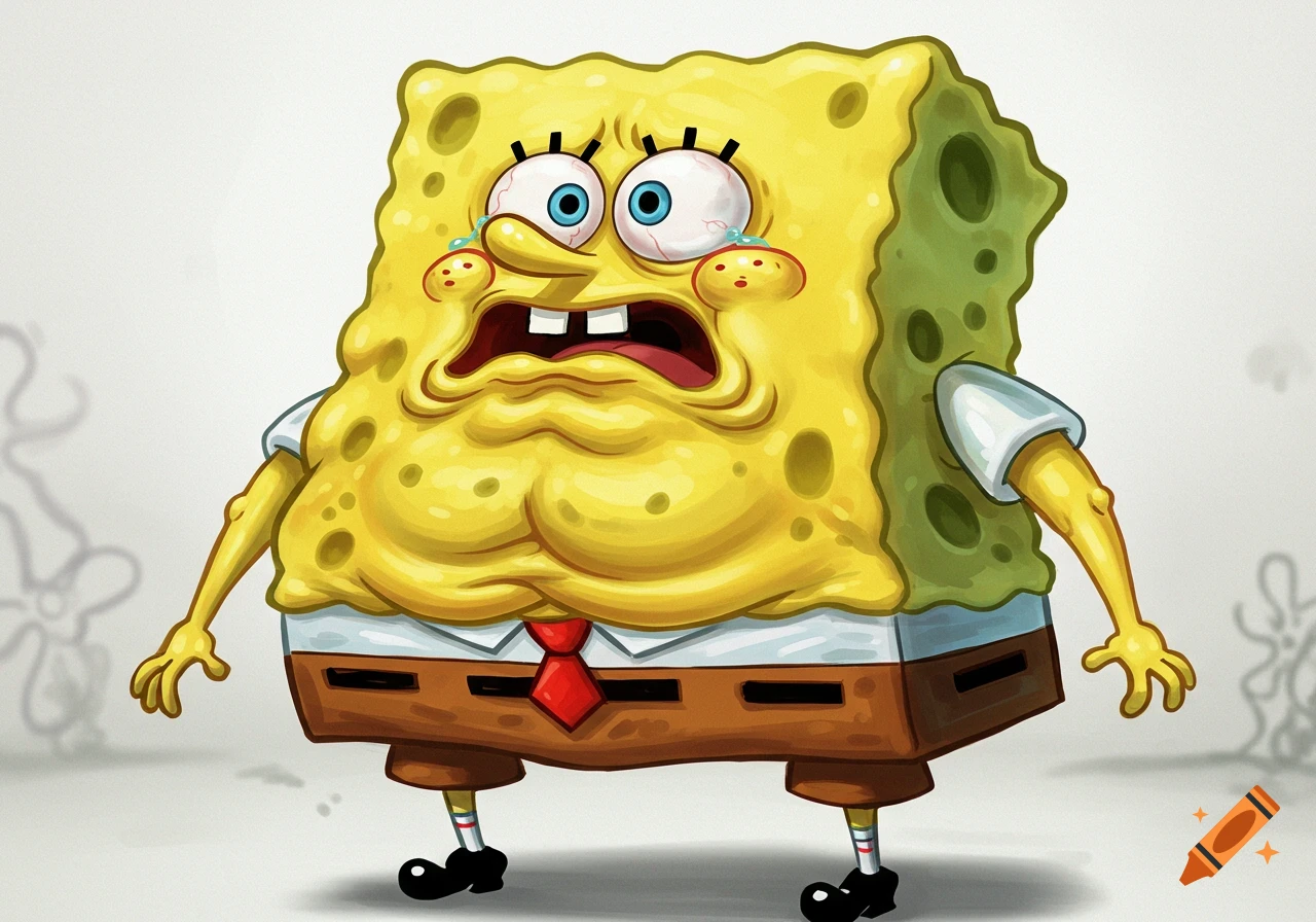 Morbidly obese, distressed Spongebob out of breath.