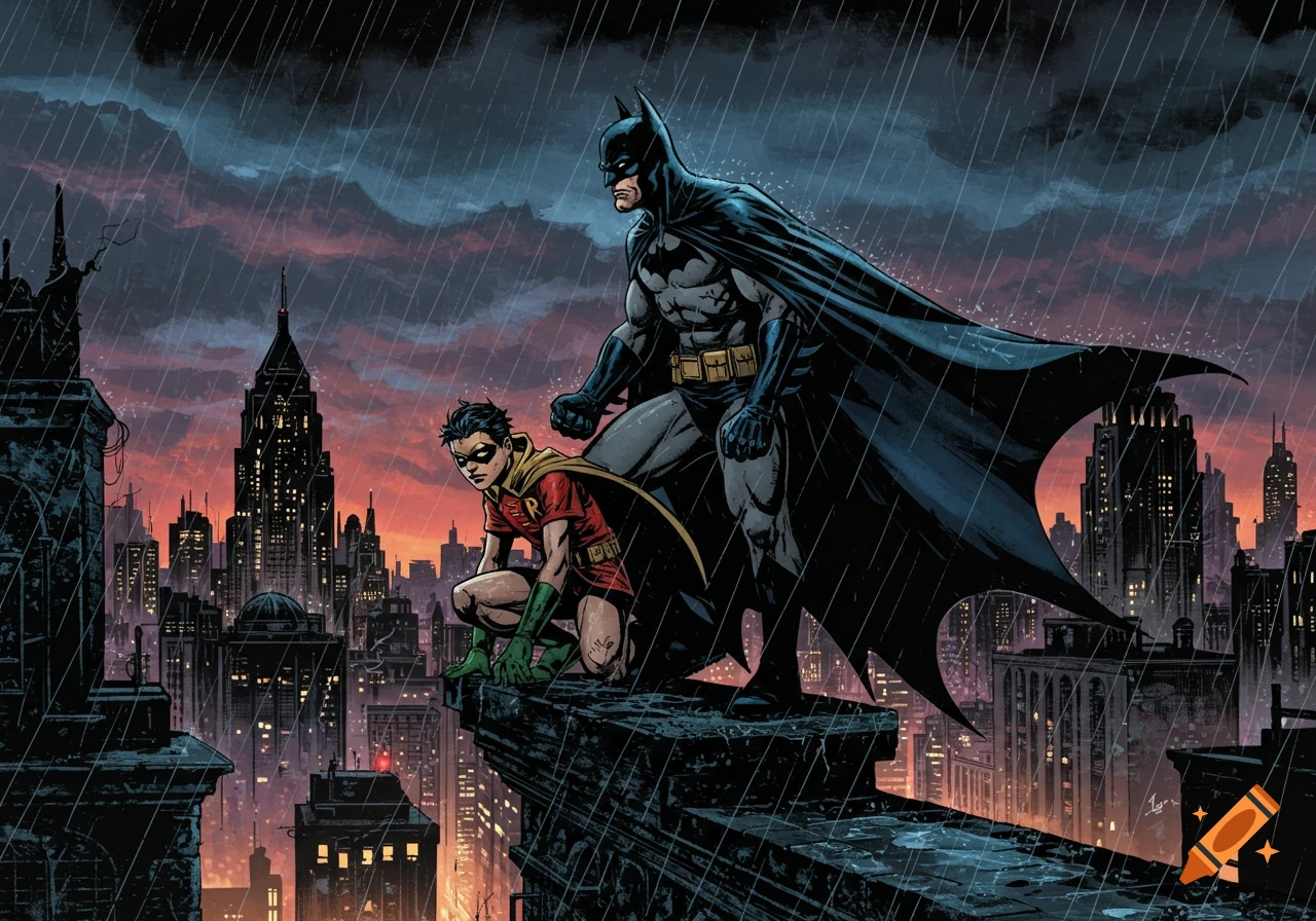 Batman and Robin stand on a rainy rooftop overlooking a city skyline at sunset, in a comic book art style. on Craiyon