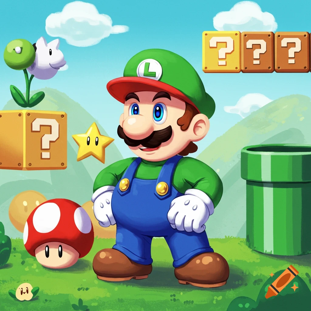 Luigi in a Super Mario landscape with blocks, pipe, mushroom, and star.