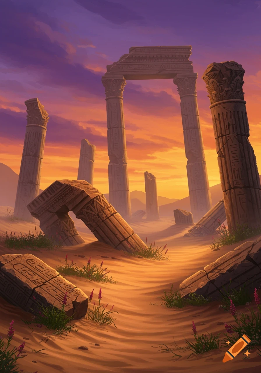 Ancient ruined columns and structures stand in a desert landscape at sunset.