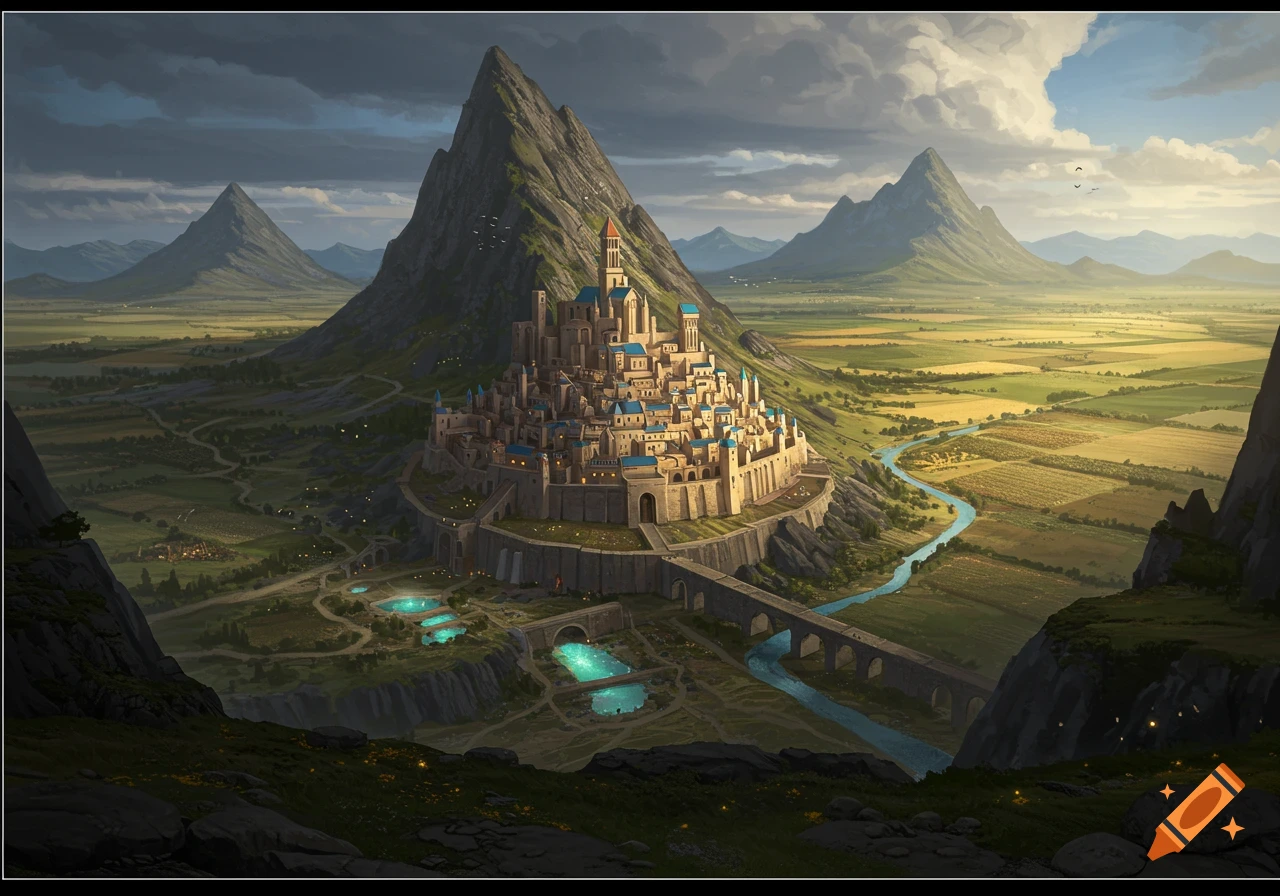 A large medieval fantasy city built on a mountain slope, surrounded by plains, farmland, a river, and glowing pools.