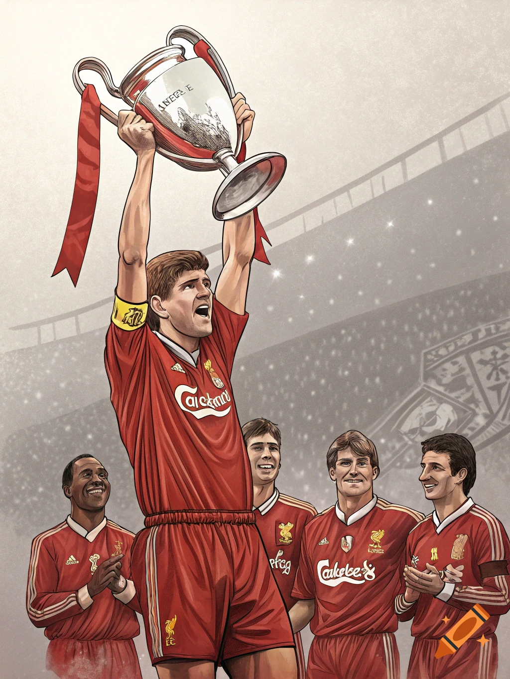 Stylized illustration of soccer players lifting a trophy in a stadium.