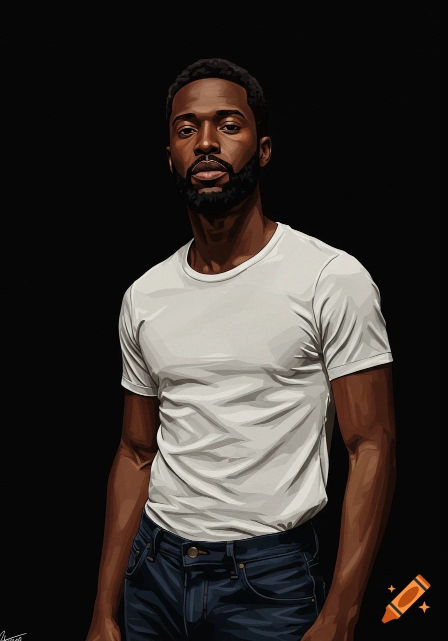 A Black man in a white t-shirt and jeans against a black background
