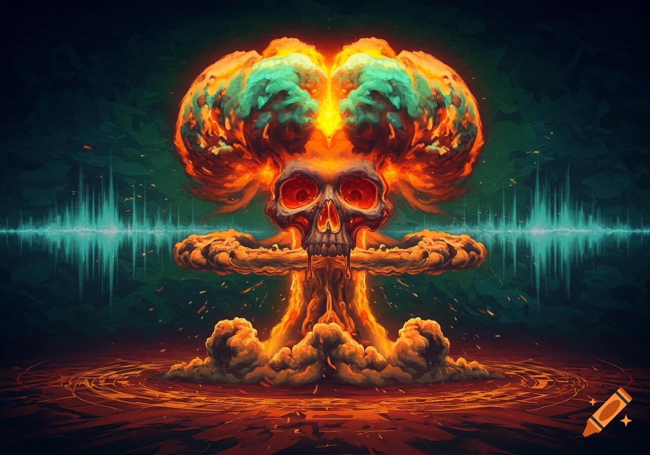 A skull-shaped mushroom cloud explosion with dripping liquid and blue sound waves.