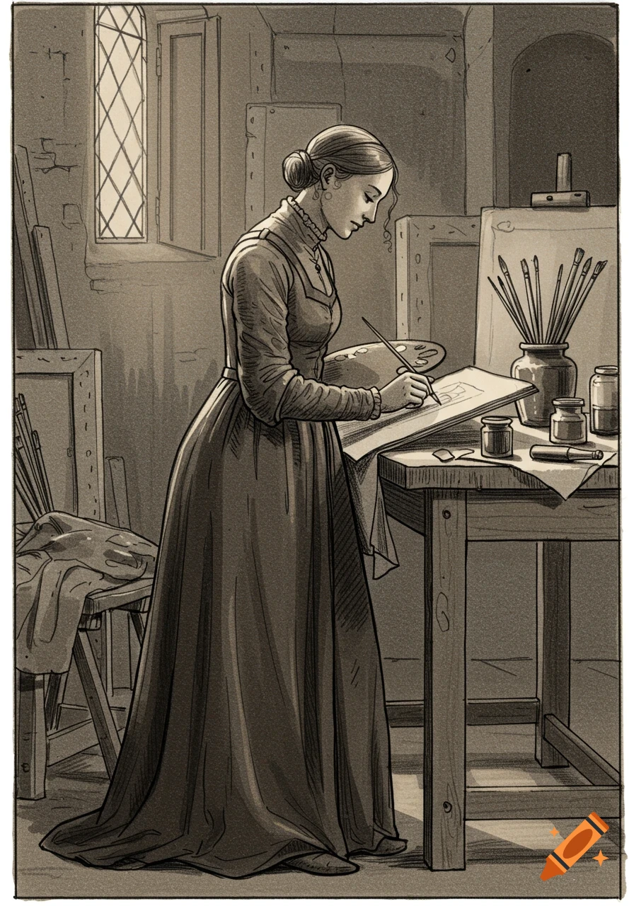 Monochromatic drawing of a woman artist sketching at a desk in a studio