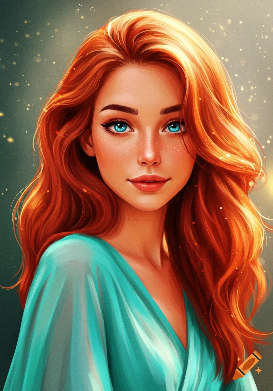 A woman with red hair and blue eyes.