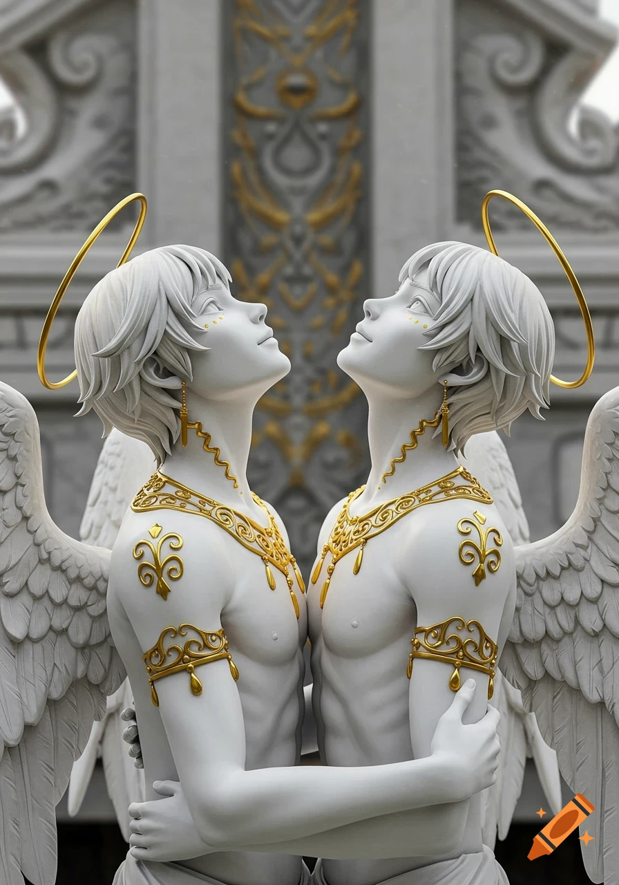 Two stone white anime-styled boy statues with golden halos and jewelry embracing