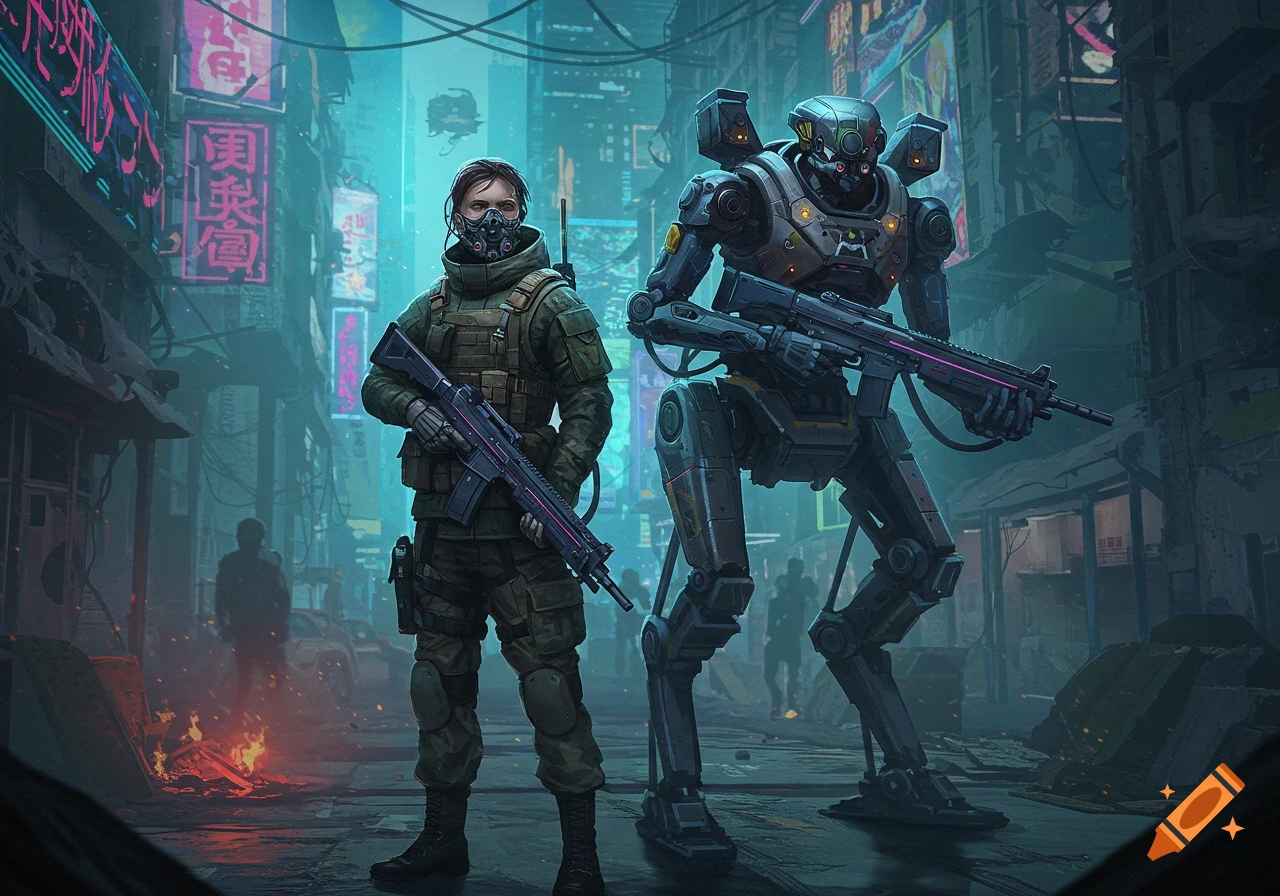 A soldier and robot companion with rifles stand in a dark, futuristic city street with neon signs.