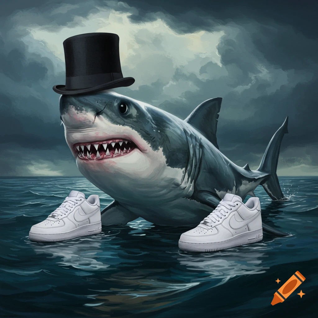 A shark wearing a top hat and sneakers floats in the sea.