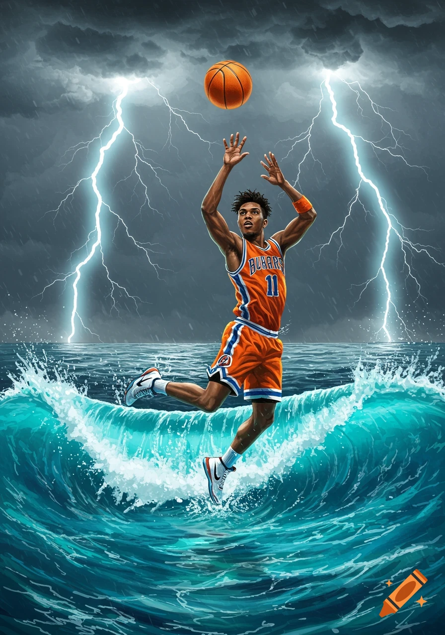 A basketball player jumps over a wave with lightning striking in a stormy ocean.