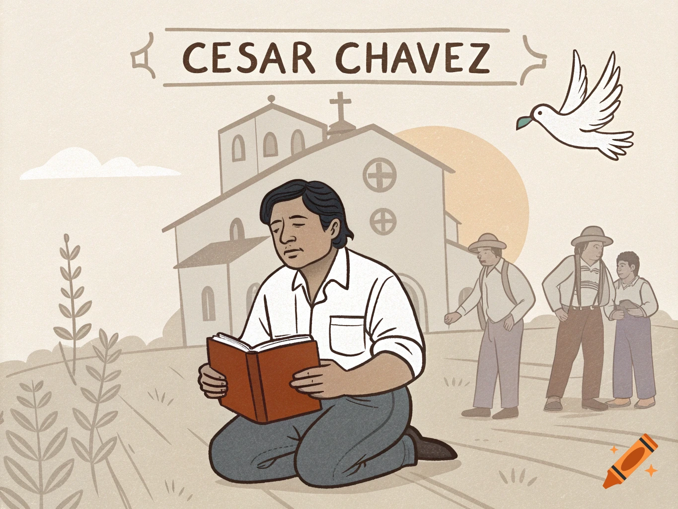 Simple illustration of Cesar Chavez kneeling and reading, with a church, farm workers, and a dove.
